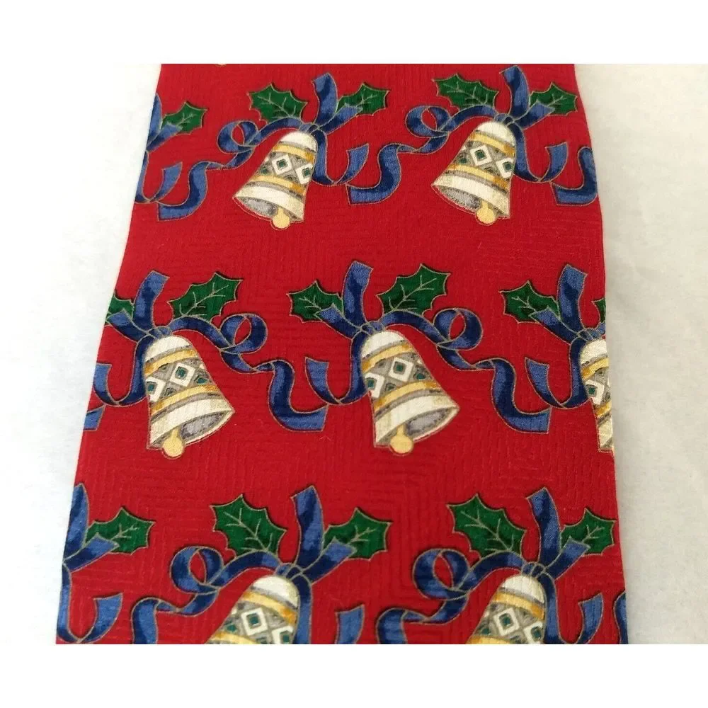 CLAYBROOKE 100% Silk‎ Red Neck Tie Christmas Collection Handmade Bells & Ribbon